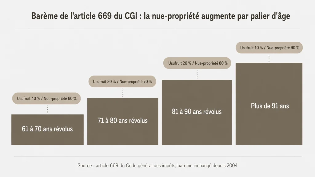 Barème de l'usufruit et de la nue-propriété selon l'âge, article 669 du CGI