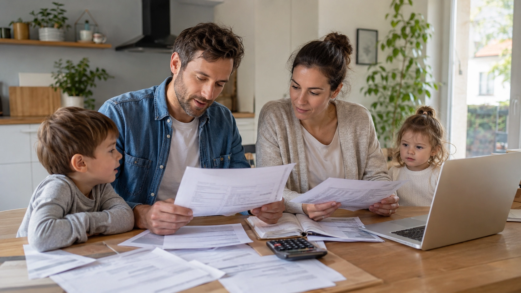 Famille calculant son quotient familial pour sa déclaration de revenus
