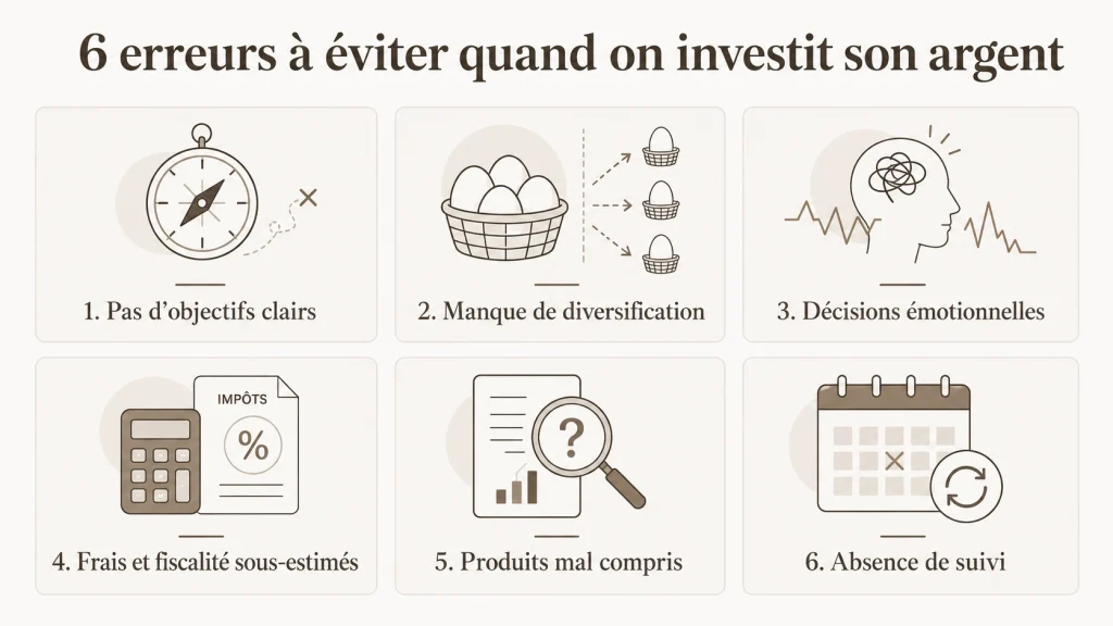 Les 6 erreurs à éviter quand on investit son argent : objectifs, diversification, émotions, frais, compréhension et suivi