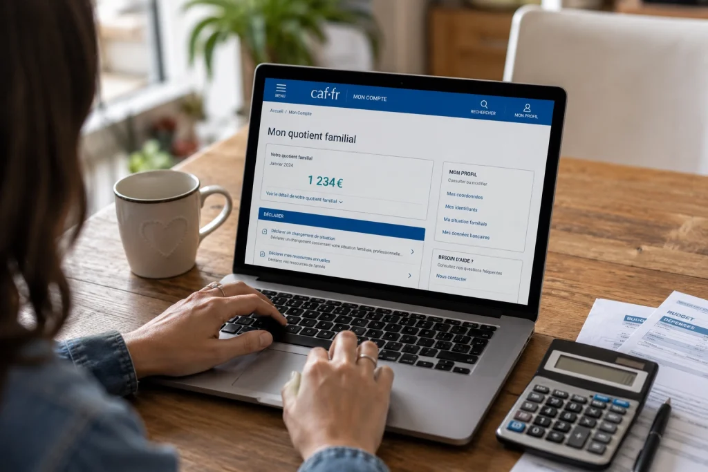 Calcul du quotient familial Caf sur un ordinateur avec une calculatrice et des documents de budget familial